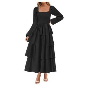 Brand New Women's Large Black Long Sleeve Smocked Tiered Maxi Dress